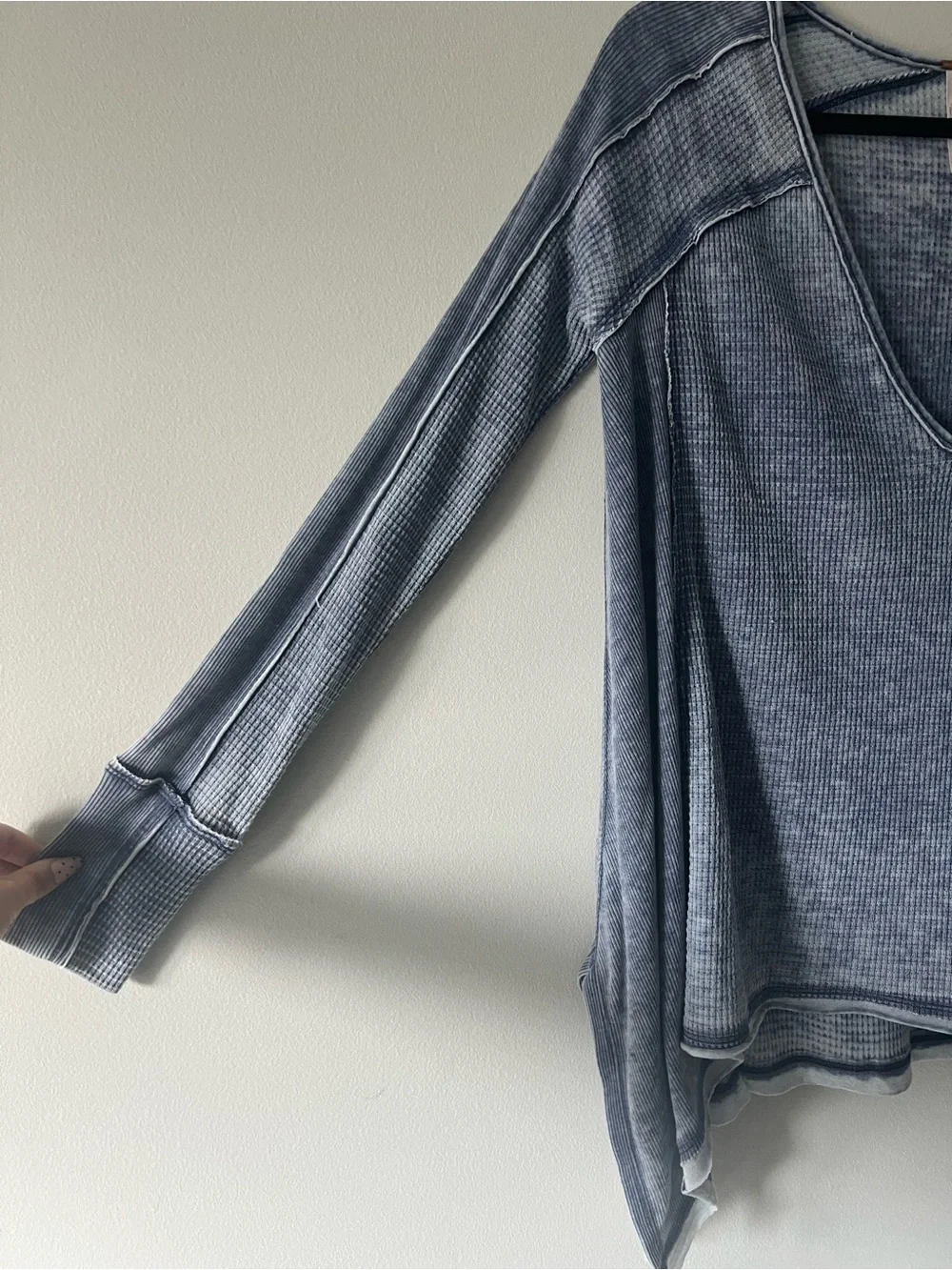 Free People Size Small Blue Washed Thermal Waffle Knit Asymmetrical V Neck Top